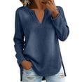 thumbnail image 5 of ClodeEU Women's V Neck Long Sleeve Denim Blouse,Loose Curved Hem Casual Jean Top Dark Blue,Women's Plus S, 5 of 8