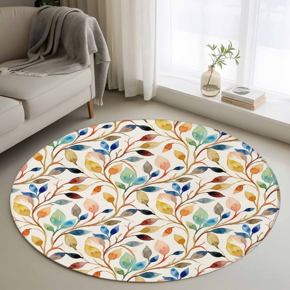 Round Area Rug 4 Ft, Colorful Eucalyptus Leaves Washable Non-Slip Circle Carpet for Living Room/Bedroom, Watercolor Botanical Modern Art Low-Profile Crawling Mats Collection Rugs for Indoor