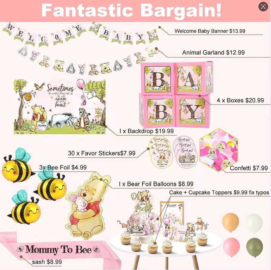 271 Pc Classic Winnie the Pooh Baby Shower Decorations for Girl, Pink Vintage Pooh Bear Balloon Arch Decoration Kit with Backdrop, Banner, Baby Boxes, Sash and Table Decorations