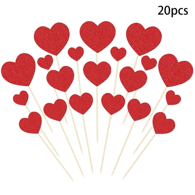 Drapeaux en Papier Pailleté Rouge pour la Saint-Valentin, 20 Pcs pour Cupcakes, Desserts, Décorations de Fête, Piques Alimentaires Rouges