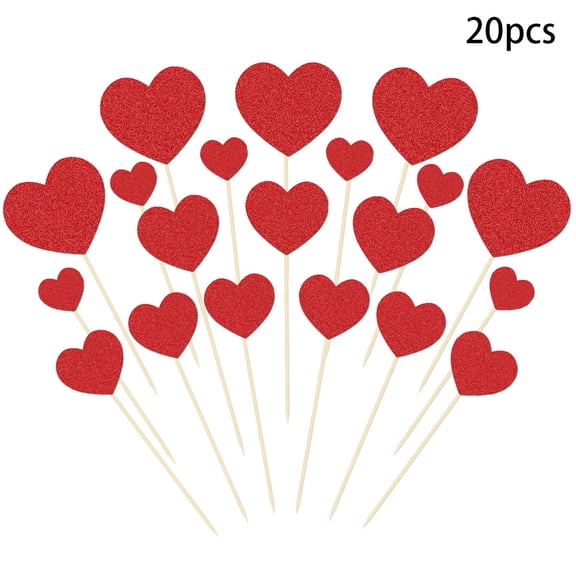Yooshoverk 20-Pack Valentine’S Day Glitter Paper Heart Cake Toppers - Romantic Party Dessert Decor Flags Red Free Size