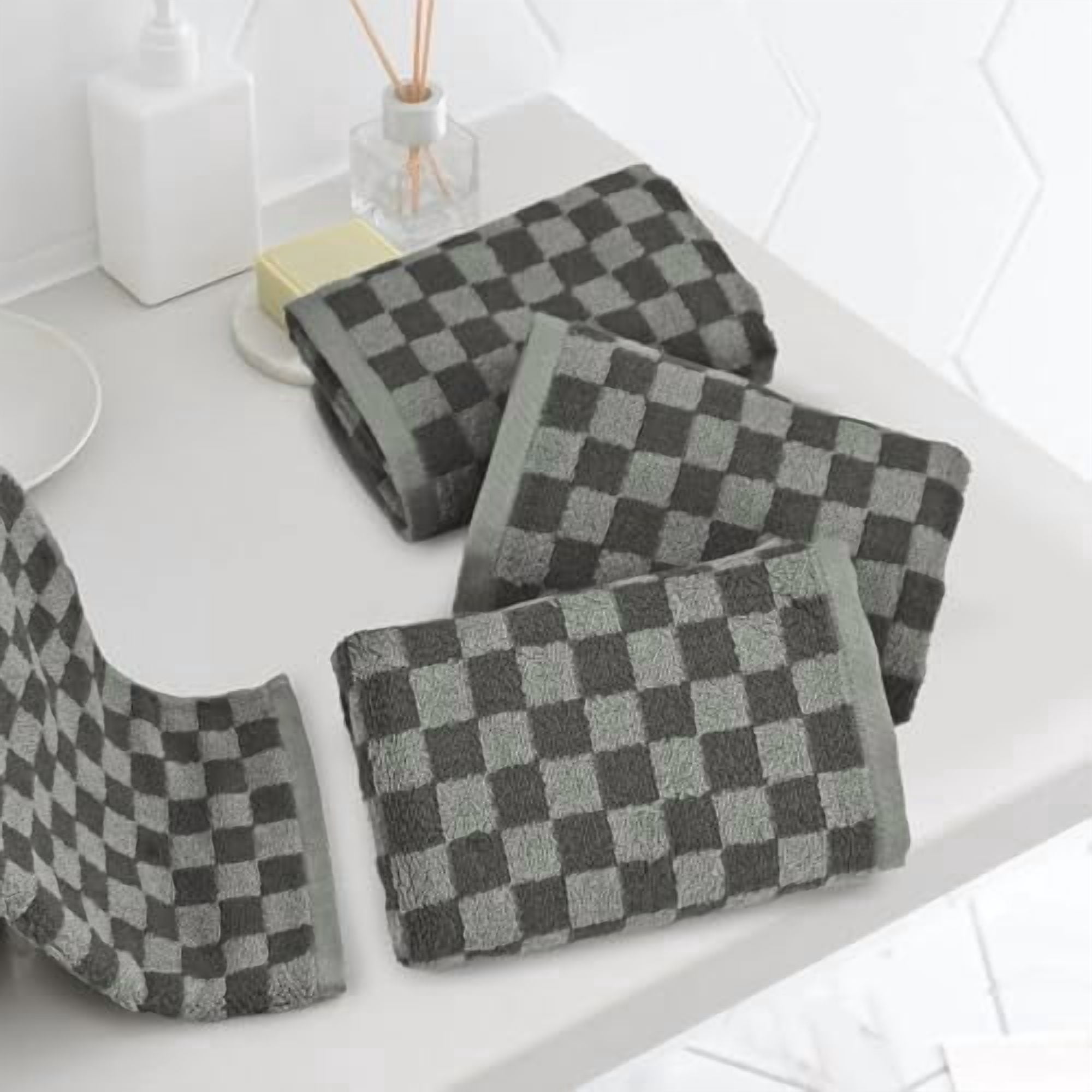 Soft Hand Towels 4 Pack, Grey Checkered Face Towel Set for Bathroom Kitchen, Decorative Quick Dry Towel 13x29 Inches