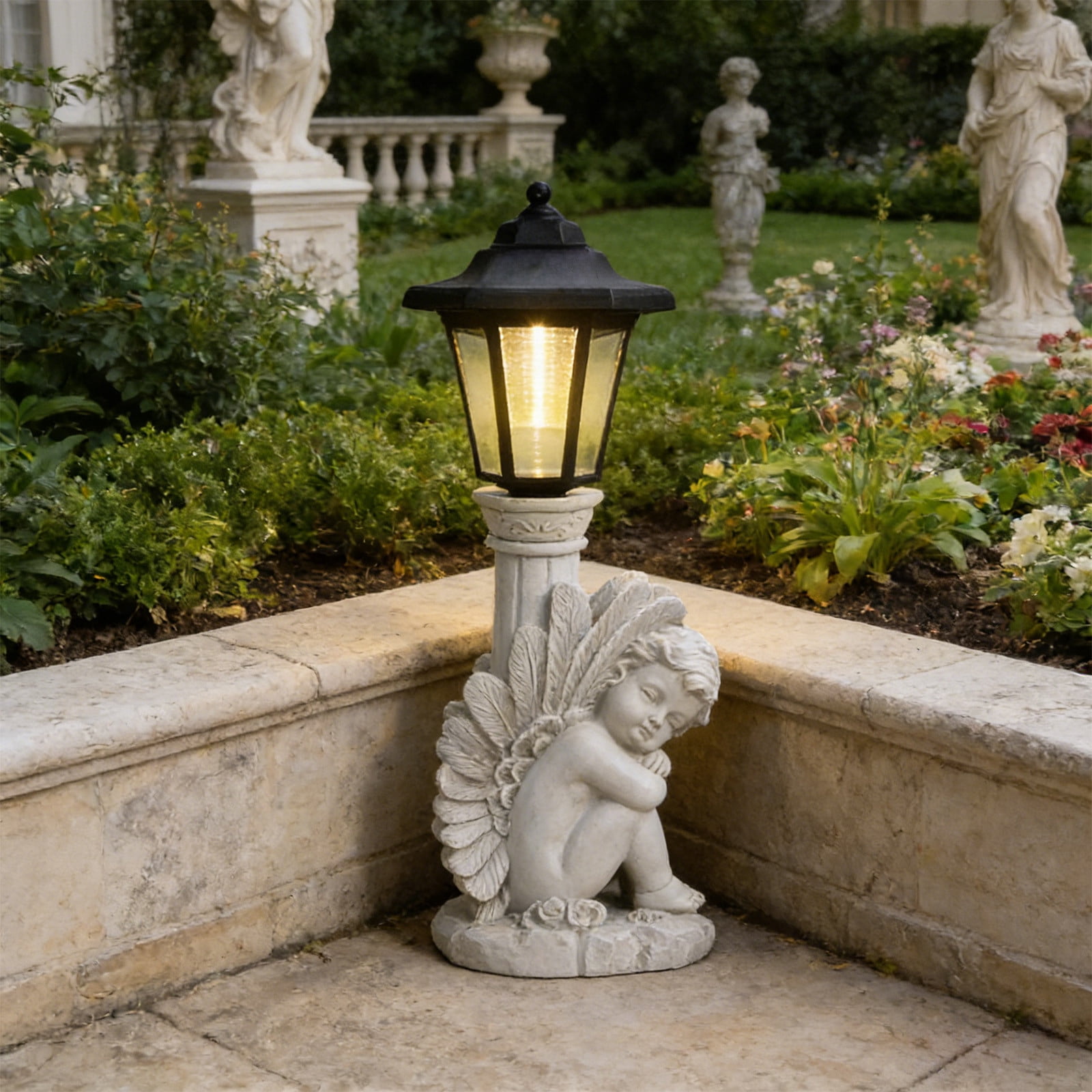 Angel Statue with Solar Lights 14.1Inch, Solar Cherub Angel Garden Statue Resin with Roma Pillar for Garden Decor, Porch, Patio, Yard Art Decoration A