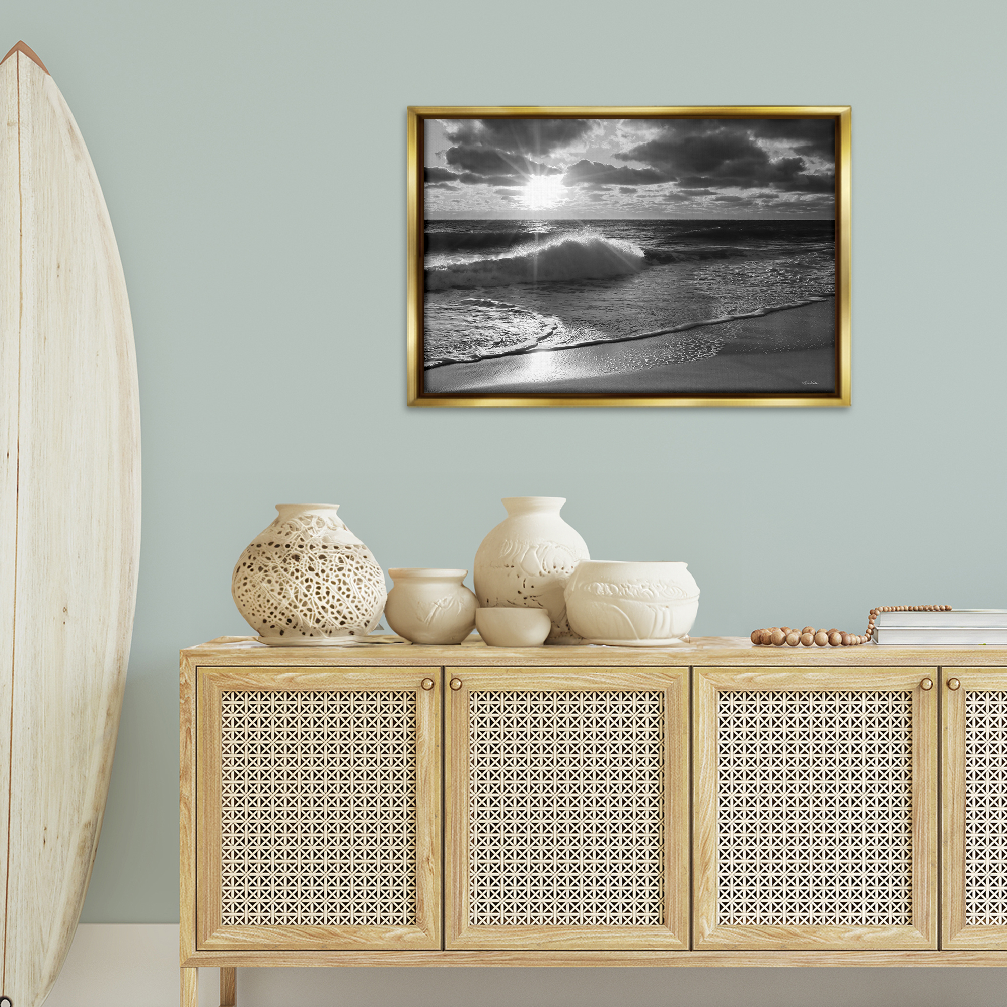 Stupell Industries Sunset Crashing Wave Landscape Photography Gold Floater Framed Canvas Art Print Wall Art, 31 x 21