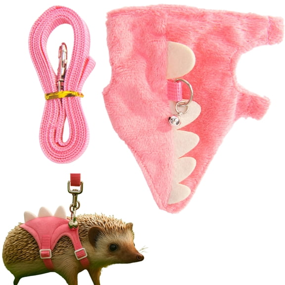 Hedgehog Leash and Harness Clothes Accessories, Adjustable Dinosaur Shaped Outfit with Safe Bell, Small Pet Harness and Leash for Hedgehog, Hamster, Ferret, Guinea Pig, Pink