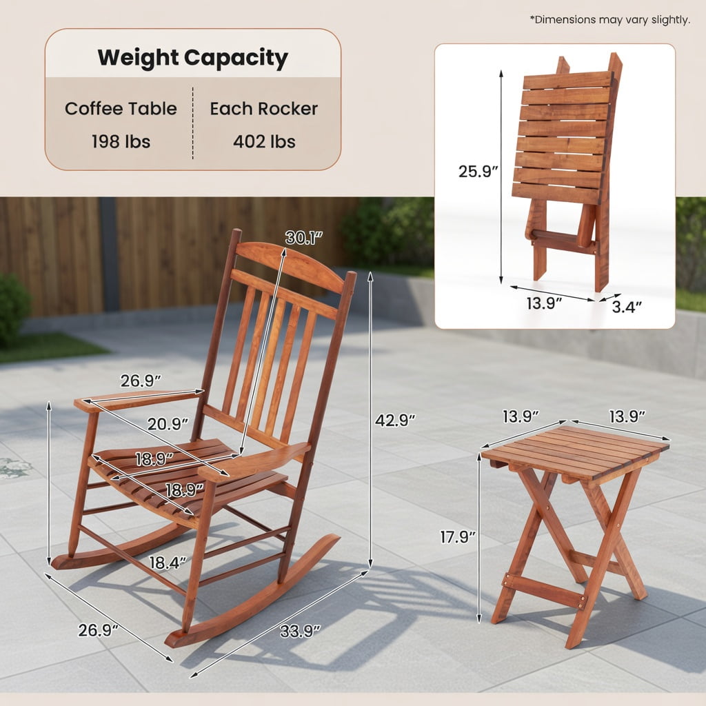 Hommoo 3-Piece Poplar Wood Outdoor Rocking Bistro Set, Foldable Table & Two High-Back Rockers for Patio, Porch, Balcony & Garden, Brown