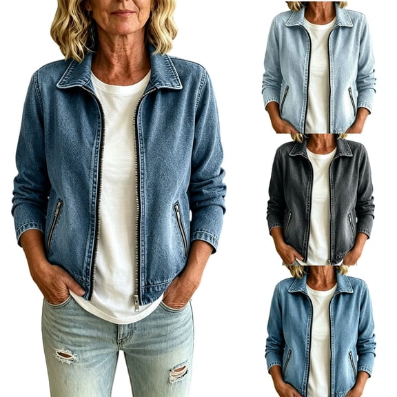 Women's Washed Denim Jackets Zip Up Collared Long Sleeve Casual Jean Coat with Pockets Fall Street Outwear Winter Jean Jacket Sky Blue