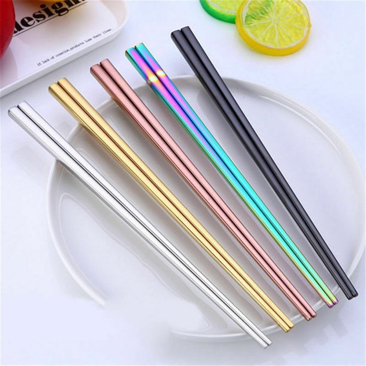 1Pair Food Grade Stainless Steel Household Metal Alloy Square Chopsticks 