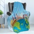 thumbnail image 4 of Travel Soft Flannel Fleece Blanket, Explore the World Themed Graphic with Famous Architectural Landmarks, Cozy Plush for Indoor and Outdoor Use, 50" x 60", Deep Sky Blue Multicolor, by Ambesonne, 4 of 5