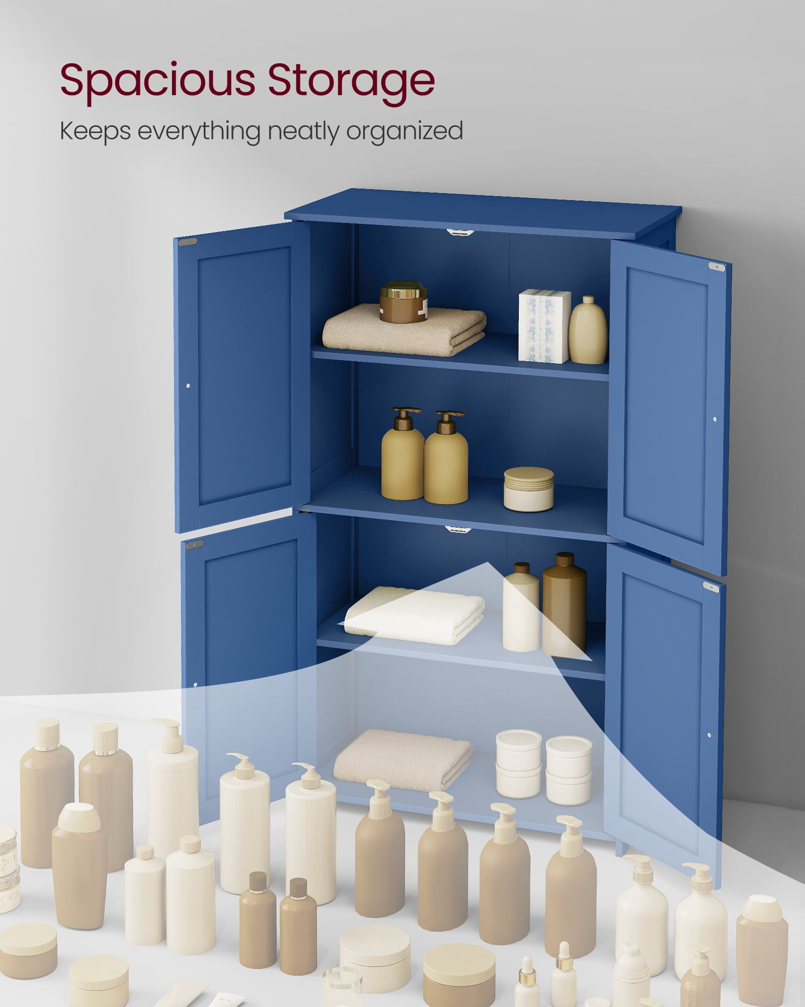 VASAGLE Floor Storage Cabinet, Shaker Cabinet with 2 Adjustable Shelves, 4 Doors, Tall Freestanding Organizer Unit, Bijou Blue