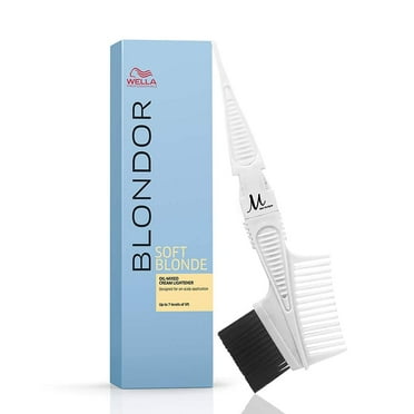 Wella Blondor Cream Lightener Soft Blonde Oil-Mixed 200 grams with Protecting Lipids for Gentle Blonde Results, Up to 7 Levels of Lift and M Hair Designs Tint Brush/Comb White Bundle - 2 items