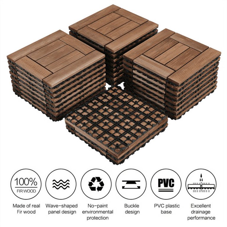 Smilemart 27pcs Indoor Outdoor Wood Flooring Tiles for Patio Garden 12 inch x 12 inch Brown Size 11.4 x 11.4 x 1 Inc