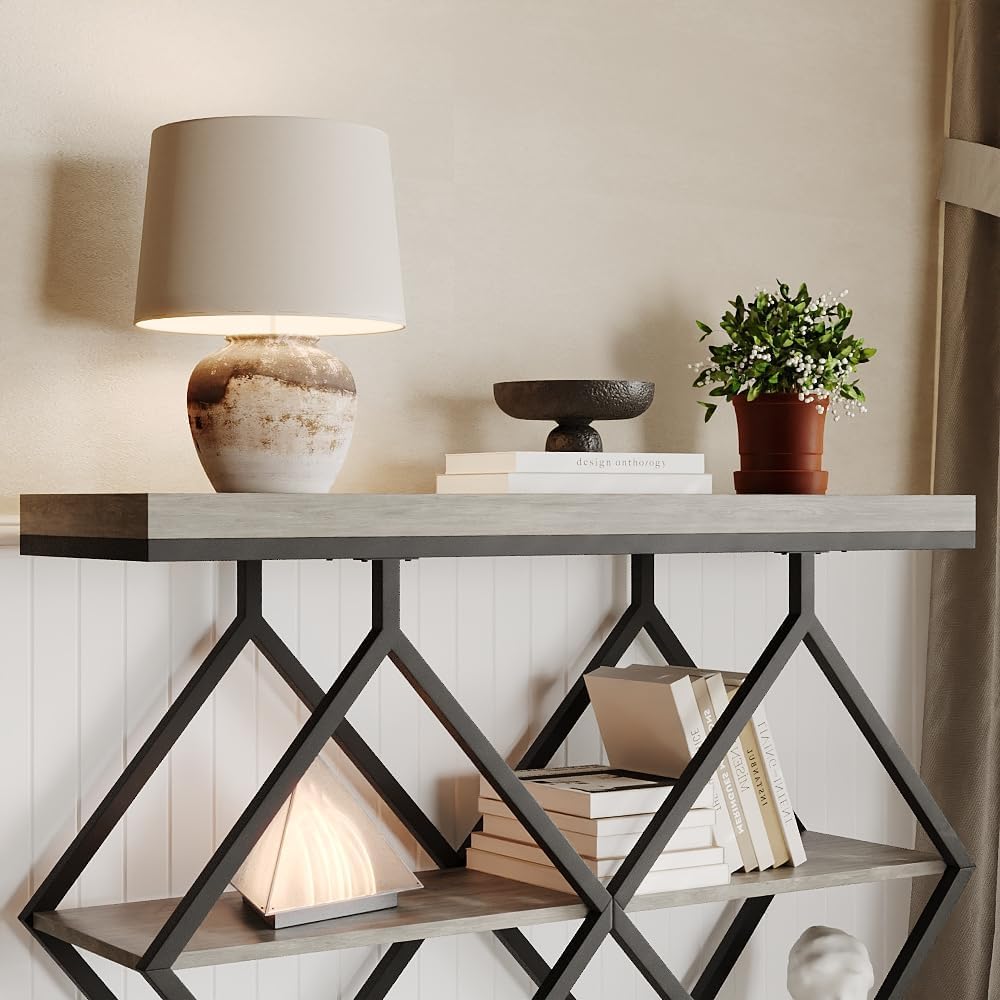 Industrial 3-Tier Entryway Table, Console Sofa Table with Open Shelves, X-Shaped Metal Frame, Foyer Accent Table for Entryway, Hallway