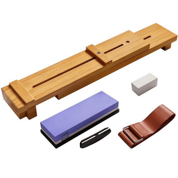 Knife Sharpening Stone Set 1000/6000 Grit Whetstone Sharpening Kit Includes Bamboo Sink Bridge, Honing Stone, Leather Strop, Knife Angle Guide