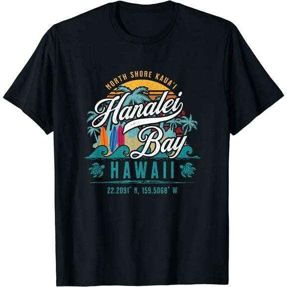 Hanalei Bay North Shore Kauai Hawaii Retro Sun Surf Fishing T-Shirt
