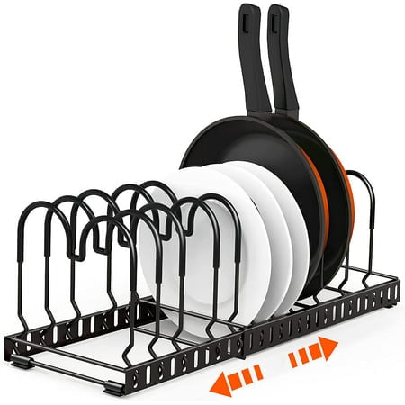 RIOUSERY Expandable Pots Pans Organizer Rack,12 Adjustable Dividers Pots Lid Plate Bakeware Holder for Kitchen Pantry Cabinet, Black