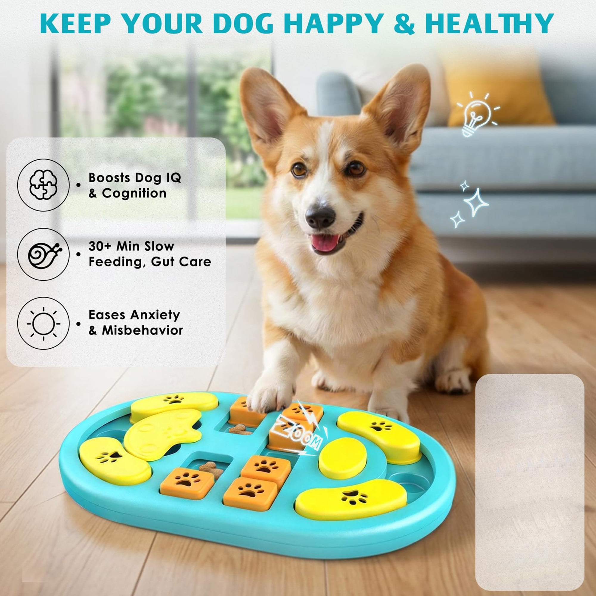 Interactie Dog Puzzle Toy for Mental Stimulation,IQ Training Treat Dispenser with Non-Slip Base,Slow Feeder Enrichment Game for Puppies Small Medium Large Dogs Cats to Reduce Boredom & Anxiety, Blue