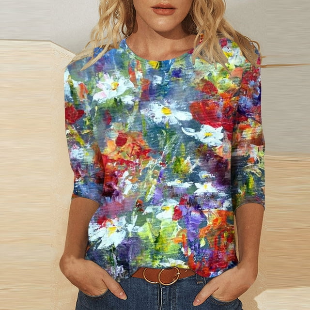 Summer T-shirt Imprimé à la Mode pour Femmes Manches 3/4 Blouse Col Rond Casual Tops Grande Taille Blouse sur Clearance