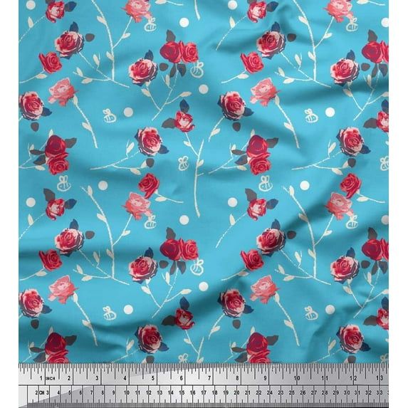 Soimoi Rayon Fabric Leaves, & Rose Floral Printed Fabric 1 Yard 42 Inch Wide