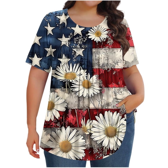 Wo-Fusoul Women's Plus Size Tops, Casual Short Sleeve Blouse with Printed Fold Design and Round Neck, Comfortable Polyester Spandex Fabric for Daily Wear, Please Check Size Chart Before Ordering