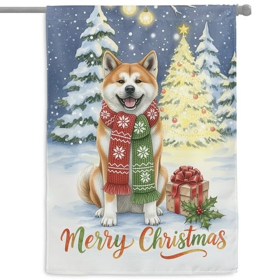 Merry Christmas Akita Snowy Winter with Gifts Tree Decorations House Flag 28x40in Double Sided Inu Dog Lover Outdoor Decor - 12020