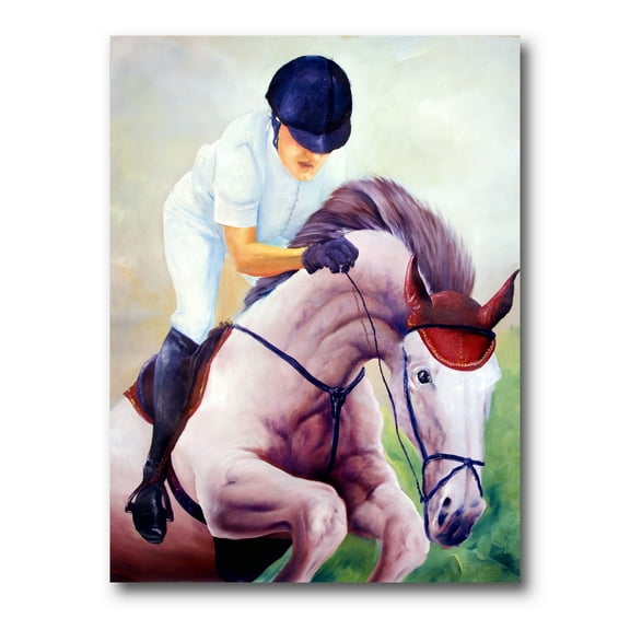 Jockey On Galoping Pink Horse 12 in x 8 in Painting Canvas Art Print, by Designart