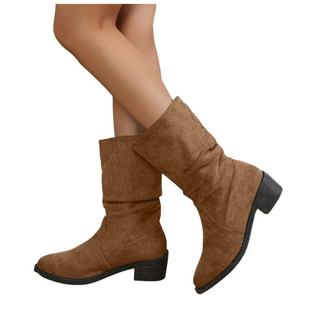 Womens Slouchy Wide Mid Calf Boots Fashion Winter Fall Suede Pointed Toe Mid Heel Slip on Dress Short Booties