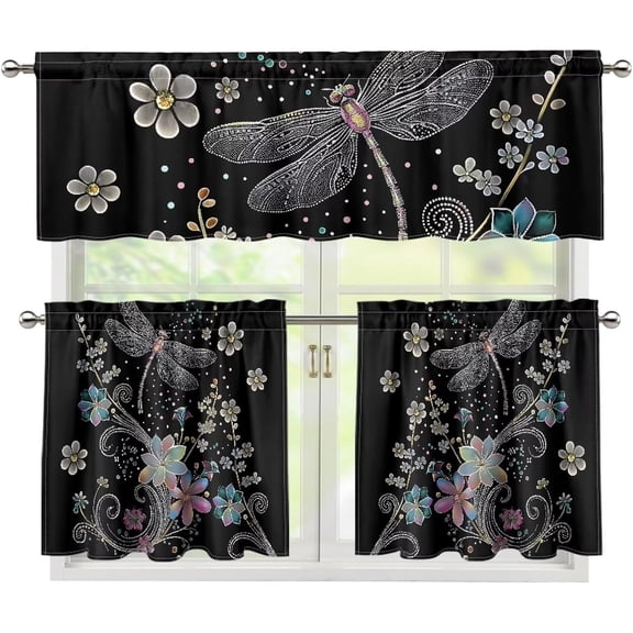 Floral Dragonfly Curtain and Valances Set for Kitchen Windows Valances Farmhouse Style Home Decor Window Treatments Valance Short Curtains Sheer Valance 24"