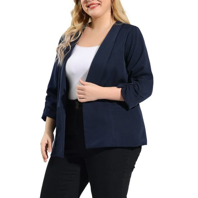GRACE & GRANDEUR Vestes blazer pour Femmes Grande Taille à Revers, Ouverture devant, Manches 3/4, Vestes de Travail en 2X Bleu Foncé. le blazer Présente une Couleur Unie Bleu Foncé, Col à Revers et Manches 3/4 avec Poignets Froncés. Il a un design Ouvert à l'Avant, Deux Poches avant, et Est Entièrement Doublé pour un Style Soigné. Convient au Travail, aux Réunions d'Affaires Ou aux Événements Sociaux, Il s'Agence Bien avec des Tenues Décontractées et Formelles.