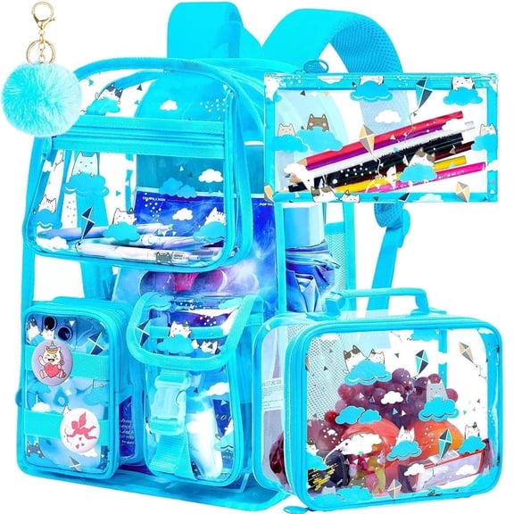 3Pcs Clear Backpack for Girls, School Transparent Bookbag, Heavy Duty See Through Backpacks for Teens Elementary