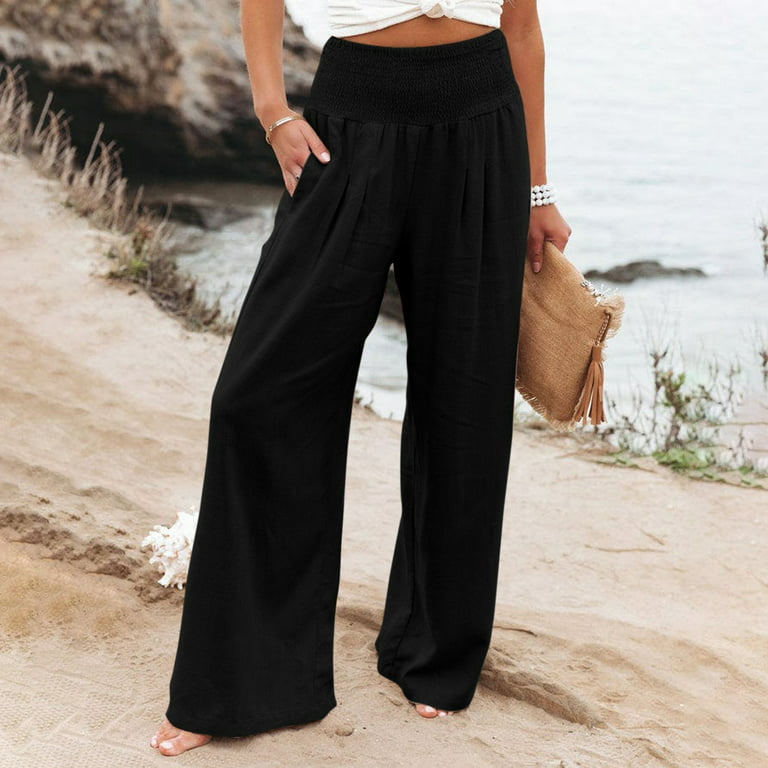 TQWQT Beach Pants for Women Cotton Linen Wide Leg Pants Summer Casual High  Waisted Palazzo Pants Baggy Lounge Beach Trousers with Pocket,Black S