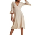 thumbnail image 4 of VEKDONE Women's Deep V Neck Dress 3/4 Ruffle Sleeve Midi Dress Solid Color Loose Fit Tunic Casual Dresses Knee Length Vacation Beach Dress Khaki XL, 4 of 8
