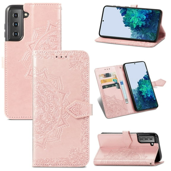 TECH CIRCLE for Samsung Galaxy S23 Wallet Case, Durable Floral Magnetic Flip Kicktand Hand Strap Premium PU Leather Phone Cover with Card Slots Holder for Samsung Galaxy S23 6.1",Rosegold