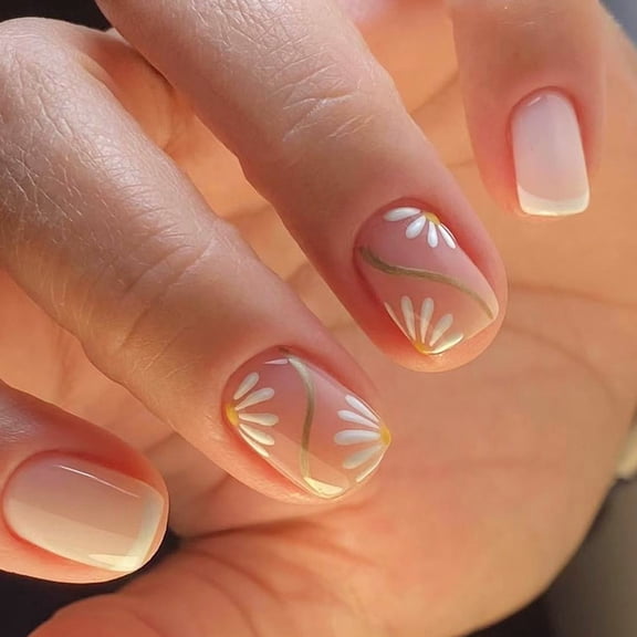 24x French Tip Full Covers False Nails Sweet Flowers Short Square On Nails Acrylic Nails for Daily