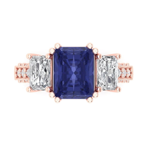 Three-Stone Engagement Ring for Women - 4.27ct Simulated Tanzanite in 14K Rose Gold Promise Ring