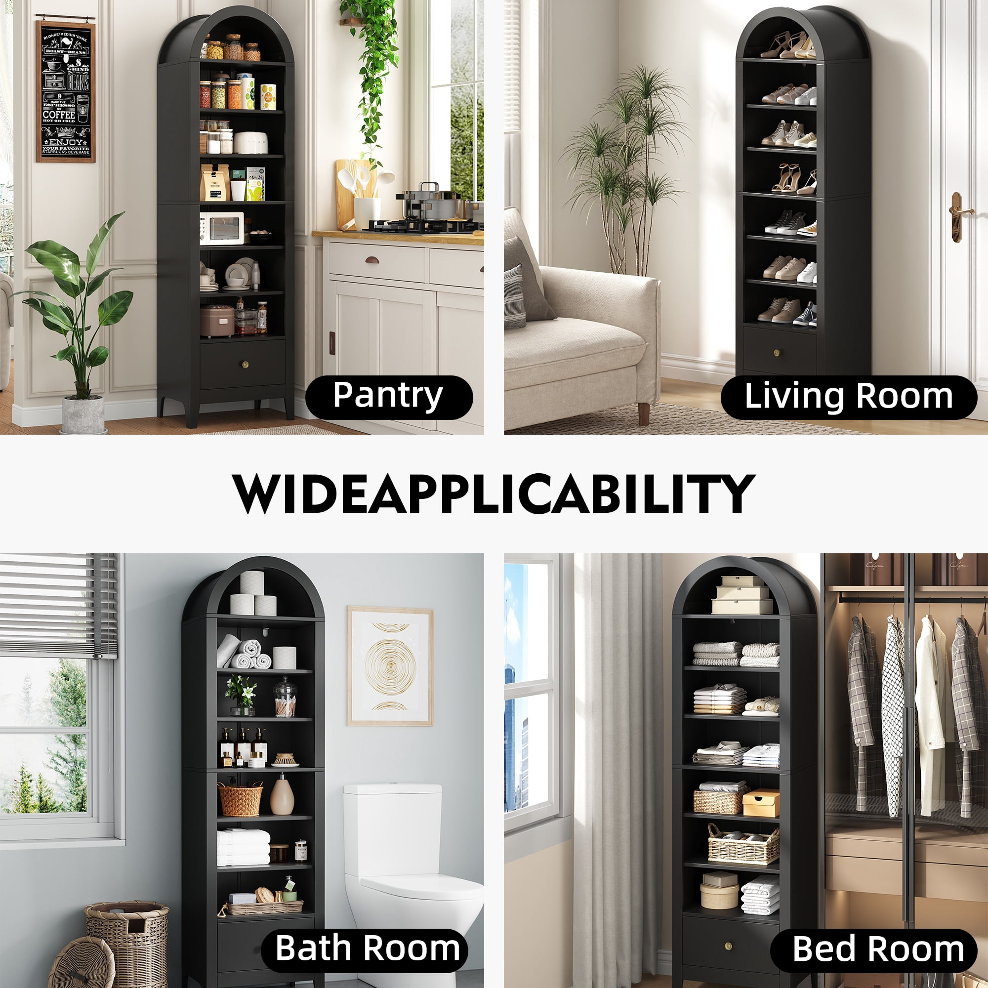 NEGYLIM 71" Tall Arched Storage Cabinet with Drawer, Freestanding Kitchen Pantry Cabinet with Doors and 8 Adjustable Shelves, Narrow Tall Cabinet for Bathroom Living Room Office, Black