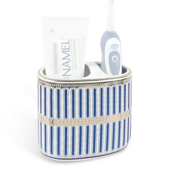 Linkidea Countertop Toothbrush Holder for Bathroom, Ceramics Tooth Brush Stand for Electric Toothbrush and Toothpaste, Organizer Compatible with Oral-B iO Series, Philips Sonicare, Aquasonic(Blue)