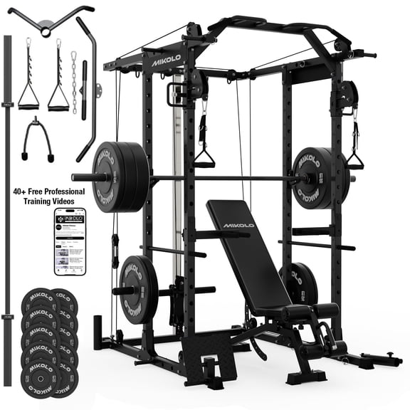 Mikolo Power Rack Cage, Weight Cage with 800LB Capacity Adjustable Weight Bench, 1500LB Capacity Barbell and 340LB Weight Plate set Combo Home Gym Package(B340)