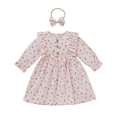 

Clearance Bobora Toddler Baby Girl Floral Ruffle Plaid Long-Sleeve Dress Outfits Fall Clothes