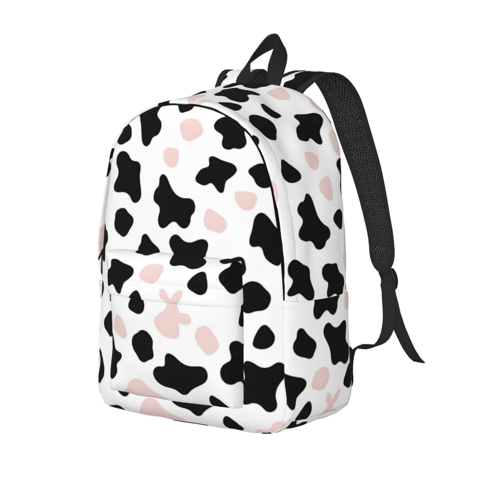 Casual Canvas Backpack Without Interlayer Large Capacity Stick Bag Design For Outdoor Shopping Office Outdoor Sports Simple Cow Print Pattern White Background, Pink And White_3 Medium