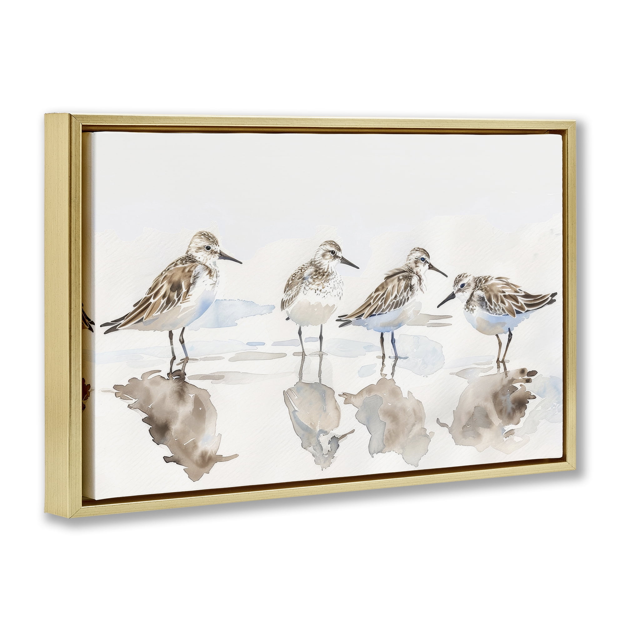 Stupell Industries Sandpipers Shore Reflection Animals Painting Gold Floater Framed Canvas Art Print Wall Art, 25 x 17