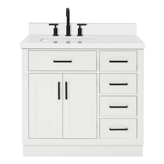 ARIEL Hepburn 37" White Bathroom Vanity with Sink, 1.5" Edge Quartz Countertop, Solid Wood, Left Rectangular Single Sink, 2 Soft Closing Doors, 5 Full Extension Dovetail Drawers, Toe Kick