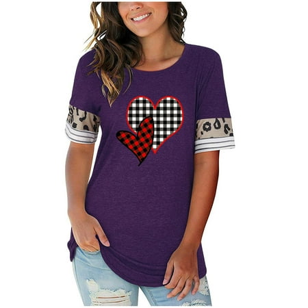 

Plus Size Tops for Women Womens Shirts Valentine s Day Print Trendy Womens Stripe Leopard T-Shirts Crew Neck Casual Short Sleeves Tops Nursing Tank Tops Summer Savings Black Corset Top Purple 3XL