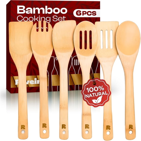 Bamboo Cooking Spoons 6-Piece – Wooden Cooking Utensils Set with Wooden Spoons for Cooking & Spatulas Wooden Utensil Sets – Premium Kitchen Utensils Set – Durable First Apartment Essentials