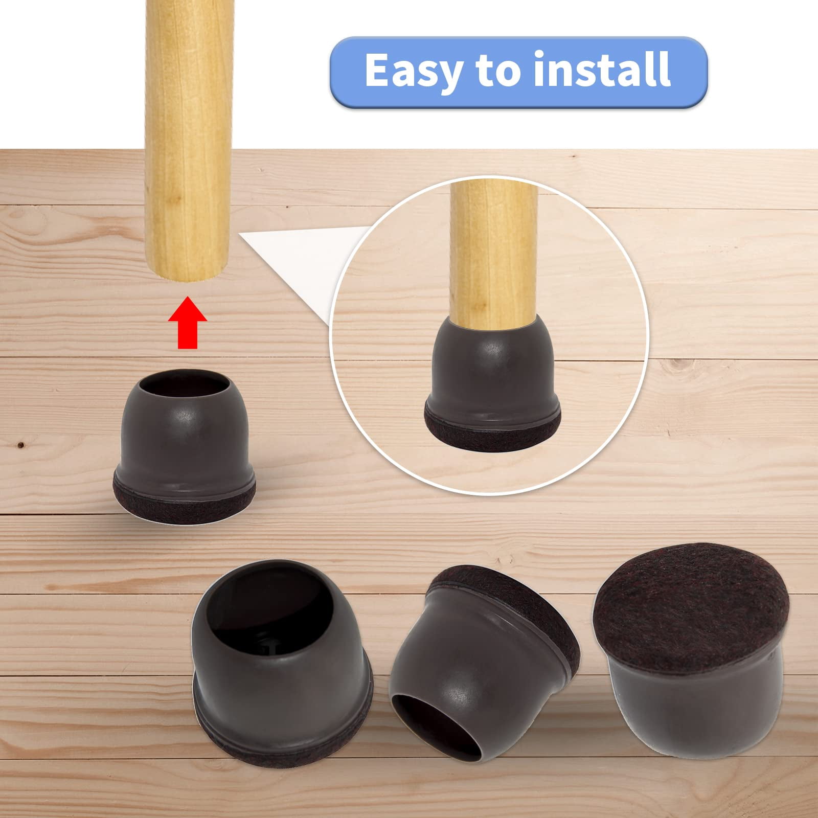 Flyshop 8PCS Round Chair Leg Caps with Felt Pads Durable Floor Protectors for Hardwood Floor Prevent Scratches Reduce Noise Foot Cap, Dark Brown Protective Caps, 19 to 25 mm