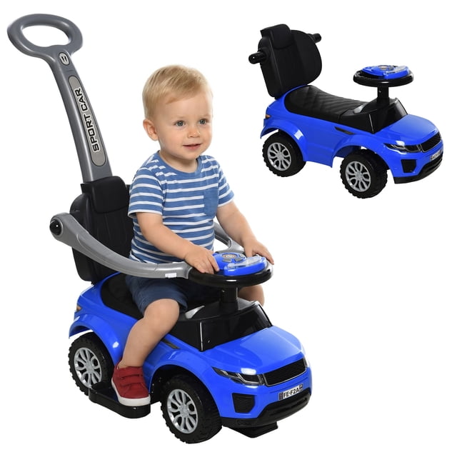 Aosom 2 In 1 Kid Ride on Push Car Stroller Sliding Ride on Car with Horn Music Light Function Secure Bar Ride on Toy for Boy Girl Toddlers 1-3 Years Old Blue