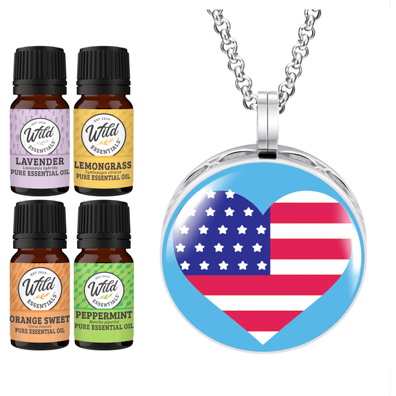 Wild Essentials US Flag Heart Necklace Essential Oil Diffuser Kit, Lavender, Lemongrass, Peppermint, Orange Oils, 8 Refill Pads, Calming Aromatherapy Gift Set, Customizable, Perfume