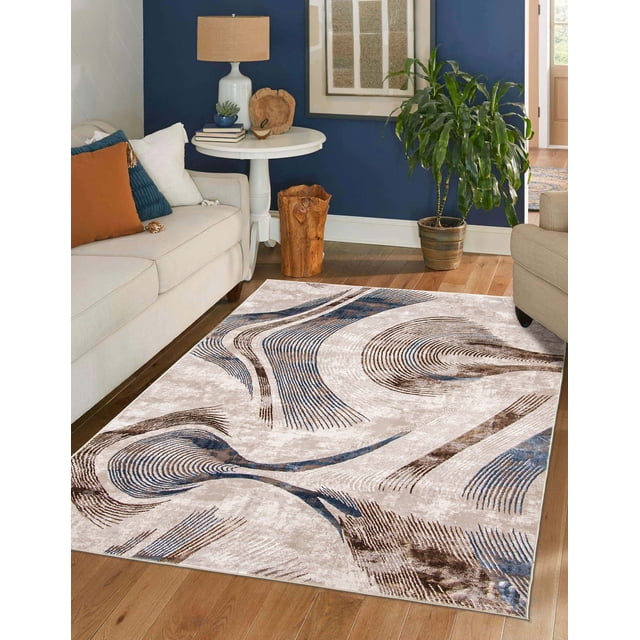 ECARPET Amara modern area rug featuring abstract blue and brown swirls on beige, placed in a cozy living room with neutral sofas, wooden floor, white side table, lamp, and green plant.