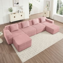 Newest Modular 4 Seat U Shape Sectional Boneless Sofa, Cloud Sectional Couch,Deep Seat, Modern Modular 4-Seat Sofa Couch,Throw Pillows,2 Movable Ottomans, Corduroy Fabric Pink