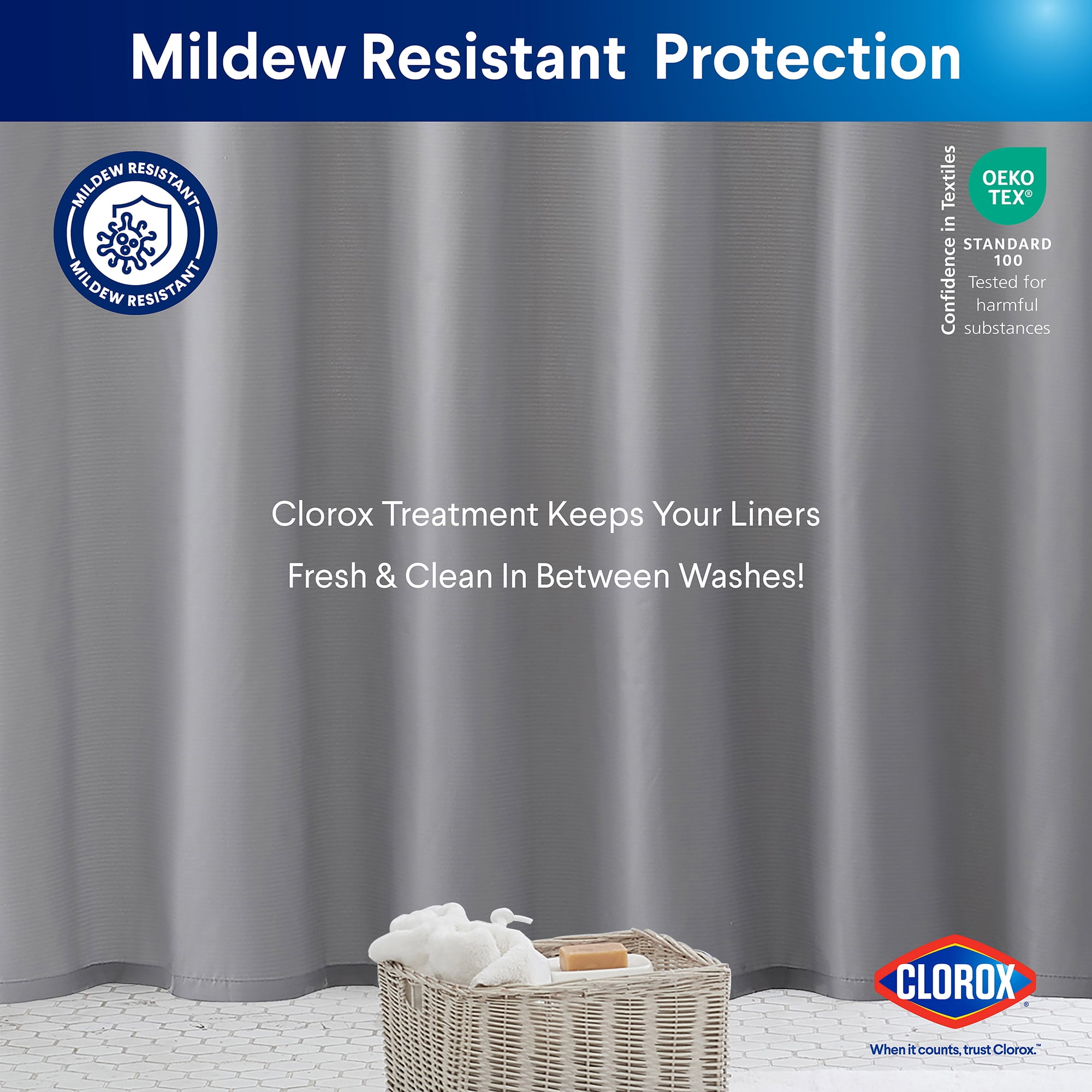 Clorox 100% Polyester Shower Curtain Set with Waterproof PEVA Liner and 12 Metal Hooks (Gray)
